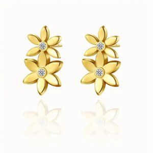 18k Gold Plated Flower Zircon Stud Earrings